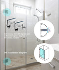 Bathroom with installation diagram of Beefy Frameless Glass Shower Door Hinges Set, Heavy Duty 304 Stainless Steel, mirror polished finish.