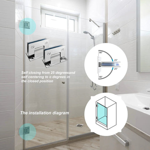 Bathroom with installation diagram of Beefy Frameless Glass Shower Door Hinges Set, Heavy Duty 304 Stainless Steel, mirror polished finish.