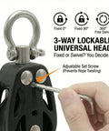 35mm Beefy Sail Block With Swivel Shackle And Ball Bearing Pulley, Ultra Low Friction Marine Rope Block For Sailboats, Kayaks, Flagpoles, Tough T316 Stainless Steel And PA66 Nylon, High Load, 1 Pack with 3-way lockable head and set screw