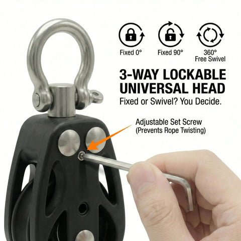 35mm Beefy Sail Block With Swivel Shackle And Ball Bearing Pulley, Ultra Low Friction Marine Rope Block For Sailboats, Kayaks, Flagpoles, Tough T316 Stainless Steel And PA66 Nylon, High Load, 1 Pack with 3-way lockable head and set screw