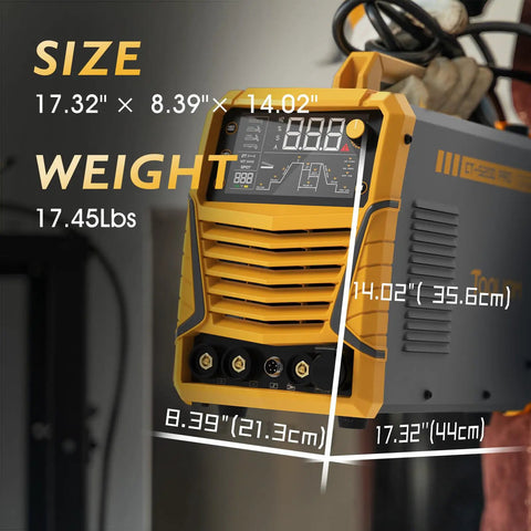 5 In 1 Portable Welding Machine With Cut HF TIG Pulse TIG Spot Weld And Stick, 50A Plasma Cutter, 200A TIG Welder, 180A Stick Welder, Dual Voltage 110V 220V For DIYers And Home Shops, Pro Grade Versatility For Easy Clean Welds, shown with size and weight details.
