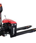 MilliLift Electric Pallet Jack Nails 3300 Lbs With Heavy Duty Forks And LiFePO4 Battery side view showing red and black steel design.