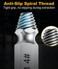 Close-up of Damaged Screw Extractor Set for Stripped Screws and Bolts showing anti-slip spiral thread design.