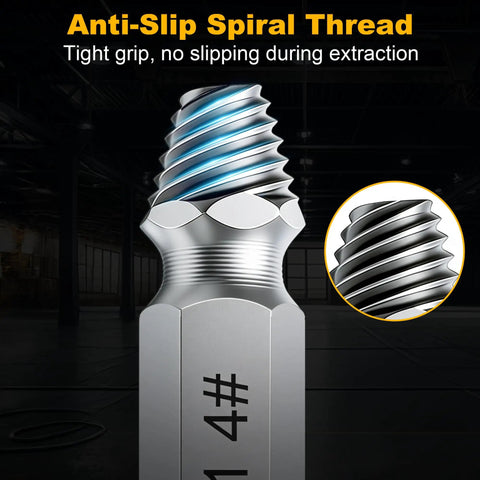 Close-up of Damaged Screw Extractor Set for Stripped Screws and Bolts showing anti-slip spiral thread design.