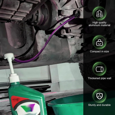 Heavy Duty Manual Transmission Fluid Pump Kit Portable Oil Transfer Pump With 3/8 Inch Swivel and Quick Swap Adapters 8cc Per Stroke in use with oil bottle.