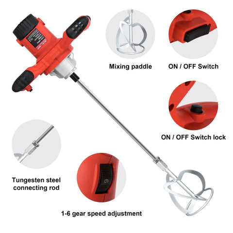 Super Powerful 2100 Watt Electric Handheld Portable Cement Mixer With Adjustable Six Speeds Perfect For Mixing Up Concrete Mortar Mud Paint Plaster And Grout Quick Detach Head For Simple Cleaning with tungsten steel connecting rod and mixing paddle.