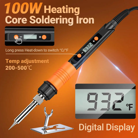 100W digital soldering iron from All In One Heat Set Threaded Inserts Kit with digital display and temperature controls.