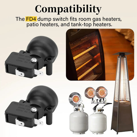 2 Pack Patio Heater Tilt Switch For Outdoor Propane Heaters And Room Heaters, FD4 Dump Switch 250V 15A And 125V 20A shown with heaters