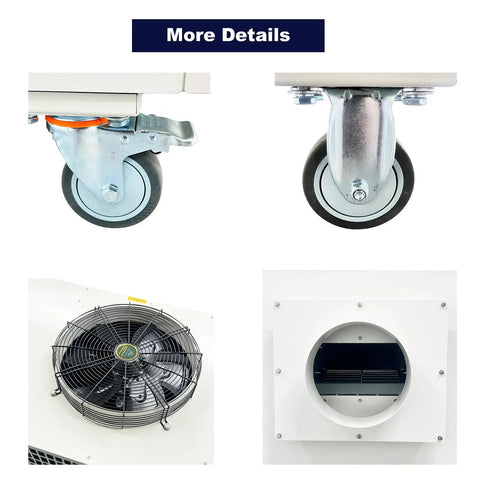 Heavy Duty Portable Industrial Spot Cooler Packs Nasty Cold Air For Sweatboxes And Warehouses With A Solid 51000 Btu Punch showing caster wheels and exhaust fan.