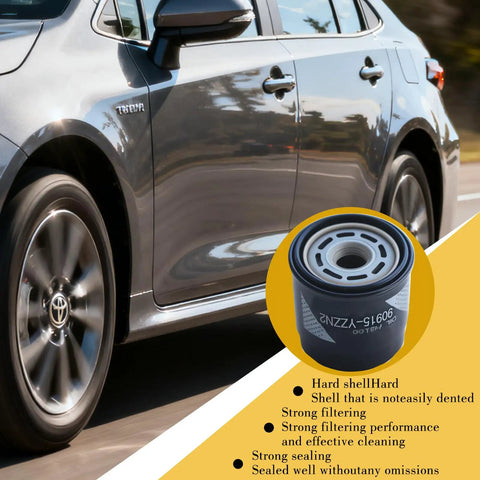 Car next to premium engine oil filter for Toyota and Lexus, replacement 90915 YZZN2 with 6 pack, fits RAV4 Camry Corolla Prius.