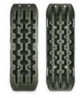 Recovery Traction Tracks Tire Ladder For Off Road Sand Snow Mud 4WD Olive Beefed Up Nylon Reinforced Gripping System For Tough Trails And Self Rescue All Weather, two olive-colored tracks with textured surface for traction on tough terrains, size 35.8 x 12.2 x 4.3in.