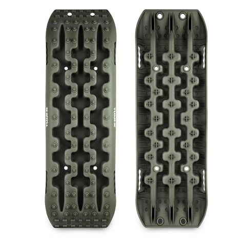 Recovery Traction Tracks Tire Ladder For Off Road Sand Snow Mud 4WD Olive Beefed Up Nylon Reinforced Gripping System For Tough Trails And Self Rescue All Weather, two olive-colored tracks with textured surface for traction on tough terrains, size 35.8 x 12.2 x 4.3in.