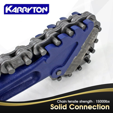 Heavy Duty Chain Pipe Wrench With 36 Inch Chain, close-up of chain and C shaped head, blue powder coat, 15000 lbs breaking load