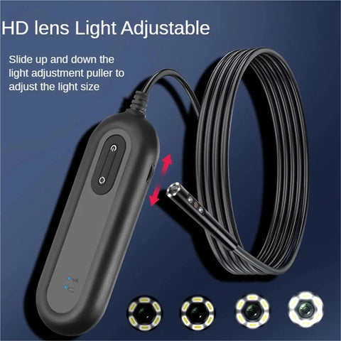Pro Grade Dual Lens Wireless Endoscope For Engine Bay And Pipe Inspections features adjustable light, flexible cable, and HD camera.