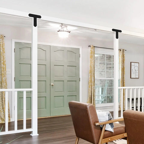 Room interior with Black T Bracket Set For Wood And Steel, Post To Beam Connectors, used for pergola rafters repair and reinforcement.