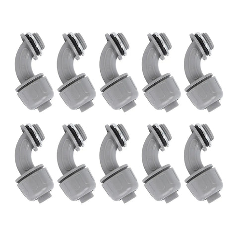 10 Pack Tough 1 Inch NPT Liquid Tight Flex Conduit Connectors 90 Degree Elbow Non Metallic Electrical Cord Grip Adapters in grey.