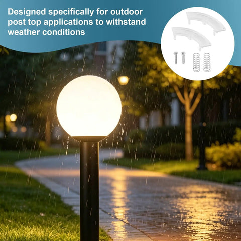 Upgrade Your Outdoor Lighting Game With This Durable Post Top Fitter Hardware Kit Featuring Secure Wing Clip Design For Easy Fixture Attachment And Replacement Springs Included. Outdoor post top light on black pole in rain, with 2 clear wing clamps, screws, and springs.