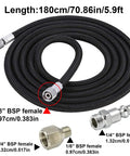 Hella Flexible Six Foot Braided Airbrush Hose With Kickass Usa Quick Connect Plug and one eighth BSP adapter, coiled and ready for use.