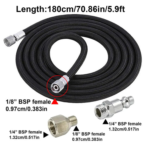 Hella Flexible Six Foot Braided Airbrush Hose With Kickass Usa Quick Connect Plug and one eighth BSP adapter, coiled and ready for use.