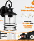 2-Pack Motion Sensor Outdoor Wall Sconces With Dusk To Dawn Photocell featuring matte black and seeded glass, size details visible