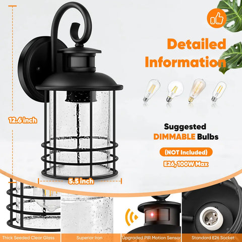 2-Pack Motion Sensor Outdoor Wall Sconces With Dusk To Dawn Photocell featuring matte black and seeded glass, size details visible