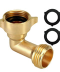 Brass 90 Degree Hose Elbow For RV And Garden Three Quarter Inch Leak Free Water Connector That Prevents Kinks And Delivers Smooth Flow No Fuss Fit For RV Inlets And Outdoor Faucets Durable Backyard Hose Fitting, with two black washers