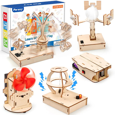 Hands On STEM Kit For Kids Ages Eight To Thirteen Five Wooden 3D Puzzles And Educational Science Experiment Building Projects Crafts Toys For Boys And Girls Perfect Birthday Gift And Learning Toys shown with packaging and assembled models