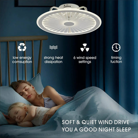 Flush Mount Ceiling Fan With Remote And Dimmable LED Light 19In 6 Speeds illuminating a bedroom at night