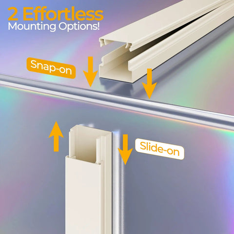 Hide Wall Wires Like A Pro With This Paintable Self Adhesive Cord Cover For 2 To 4 Cables, showing snap-on and slide-on mounting options.