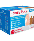 Front view of Hysimedy 210-count family pack of assorted bandages; waterproof, silicone gel, flexible fabric, latex-free