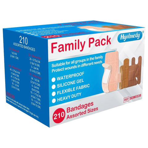 Front view of Hysimedy 210-count family pack of assorted bandages; waterproof, silicone gel, flexible fabric, latex-free