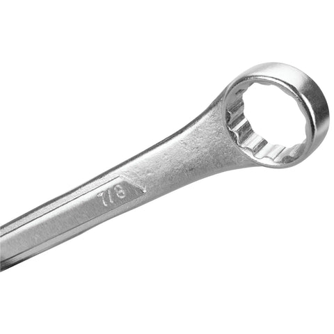 Close-up of a chrome vanadium steel wrench from the Beefy 22 Piece Combination Wrenches Set With Organizer Rack Metric And Standard Sizes.