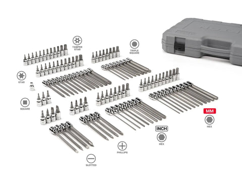 3/8 Inch Drive Bit Socket Set With Standard And Long Hex Bits Torx And TR Torx Phillips Slotted Square And Triple Square Sockets in case