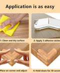Step-by-step guide to installing transparent corner protector guards for baby proofing on furniture, shown in four stages.