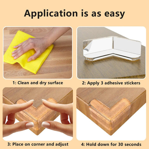 Step-by-step guide to installing transparent corner protector guards for baby proofing on furniture, shown in four stages.
