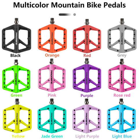 Multicolor durable nylon mountain bike pedals with DU bearings, including grippy purple for MTB and BMX, displayed in rows.