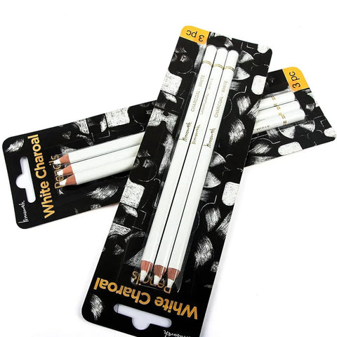 Three Pack White Charcoal Pencil Set For Drawing Sketching Shading Blending And Highlights On Dark Paper Top Notch Pro Grade Quality for artists, packaged in black and white design.