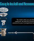 Exploded view of Brass Sink Drain Valve With Twist Handle Kit Includes Stainless Steel Strainer Plunger And Flange For 3.5 Inch Commercial Drains