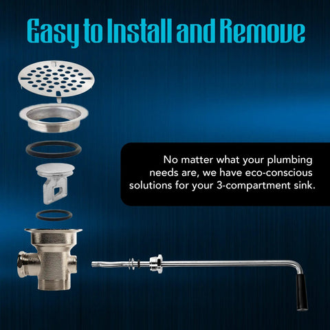 Exploded view of Brass Sink Drain Valve With Twist Handle Kit Includes Stainless Steel Strainer Plunger And Flange For 3.5 Inch Commercial Drains