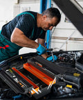 Mechanic using 22-Inch Cantilever Tool Box With 5 Trays And 3 Layers, Handy Portable Metal Toolbox in garage setting