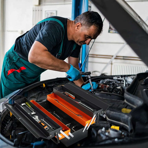Mechanic using 22-Inch Cantilever Tool Box With 5 Trays And 3 Layers, Handy Portable Metal Toolbox in garage setting