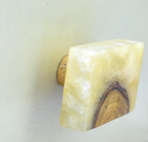 Set Of 6 Handmade Wood Resin Cabinet Knobs Rectangular Drawer Pulls For Kitchen Wardrobe Dresser close-up view of resin and wood.