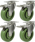 Oven rack caster wheels set of four; 4x1.5in stainless steel with locking brakes and green high-temp wheels