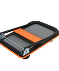 Smooth Rolling Heavy Duty Hauler Boasting 330 Pound Capacity And 360 Swivel Silent Wheels Makes Moving Gear A Breeze Grab This Solid Orange Platform Dolly That Unfolds Quickly Anywhere You Go - Foldable cart viewed from the side.