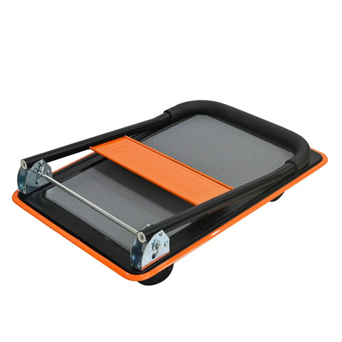 Smooth Rolling Heavy Duty Hauler Boasting 330 Pound Capacity And 360 Swivel Silent Wheels Makes Moving Gear A Breeze Grab This Solid Orange Platform Dolly That Unfolds Quickly Anywhere You Go - Foldable cart viewed from the side.
