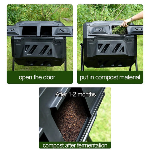 Dual Chamber Compost Tumbler 42 Gallon 160L Outdoor Bin With Sliding Doors shown in use with composting material