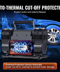 Beefed Up Dual Cylinder Tire Inflator With Heavy Duty Air Compressor 150 PSI 10.6 CFM, auto-thermal cut-off protection feature shown
