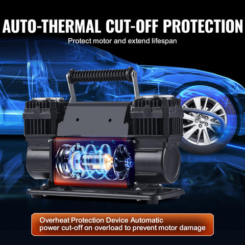Beefed Up Dual Cylinder Tire Inflator With Heavy Duty Air Compressor 150 PSI 10.6 CFM, auto-thermal cut-off protection feature shown