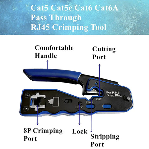 Pass Through RJ45 Crimp Tool Kit For Cat5, Cat5e, Cat6 And Cat6A with visible ports and comfortable handle.