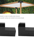 Hella Tough Steel Corner Brackets For Elevated Wood Deck Stand Kit Rust Proof Outdoor Lumber Support Hardware Powder Coated Post Mount Connectors Pack Of Eight displayed in black, showing durable steel for outdoor use.